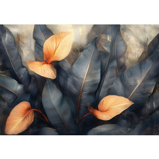 Fotobehang met luxe botanische bladeren in diepblauw en oranje tinten.