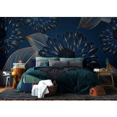 Ein Fototapete mit luxuriösen Chrysanthemen und goldenen Akzenten im Schlafzimmer, bei dem die detaillierten Blütenblätter und metallischen Goldtöne eine üppige und beruhigende Atmosphäre schaffen.