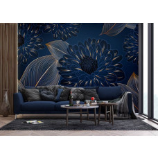 Ein Fototapete mit luxuriösen Chrysanthemen und goldenen Akzenten in einem geräumigen Wohnzimmer, bei dem die luxuriösen Blumen und tiefen Farbkontraste eine elegante und zeitlose Ausstrahlung schaffen.