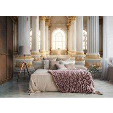 Fototapete eines luxuriösen Gebäudes mit goldenen Säulen in einem eleganten Schlafzimmer.