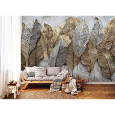 Fotobehang luxe gouden en zilveren bladeren in een woonkamer met elegante metallic accenten.