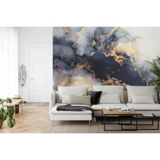 Ein Fototapete mit luxuriösem Goldmarmor mit anthrazitgrauen Akzenten in einem Wohnzimmer.