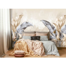 Fotobehang met tropische bladeren in een chique en luxe stijl aan de muur van een slaapkamer.