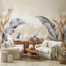 Fotobehang met elegant vormgegeven junglebladeren in een woonkamer.