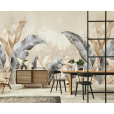 Fotobehang van weelderige junglebladeren met een luxe uitstraling in een stijlvolle woonkamer.