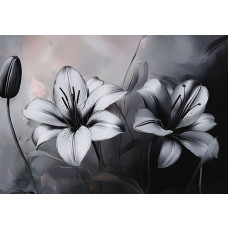 Fotobehang luxe lelies met bloemen op een donkere, schilderachtige achtergrond.