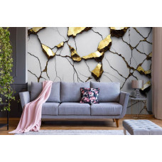 Eine luxuriöse 3D-Fototapete mit goldenen und weißen Marmor-Details, ideal für ein Wohnzimmer.