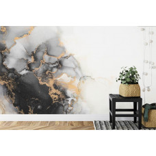 Eine Fototapete mit luxuriösem Industriemarmor mit goldenen Details in einem Schlafzimmer.