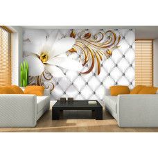 Eine Fototapete mit luxuriösen Blumen in Gold und Silber mit abstrakten Mustern.