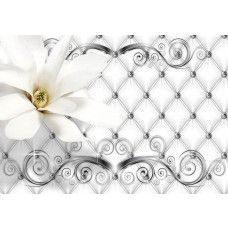 Luxuriöses Blumenmuster mit silbernen Akzenten, abstrakte Kunst-Fototapete für einen eleganten Raum.