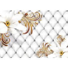 Eine Fototapete mit goldenen und silbernen Blumen, ideal für einen modernen und luxuriösen Raum.