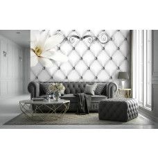 Fototapete mit einem silbernen Blumenmuster in abstraktem Stil für das Wohnzimmer.