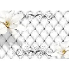 Fototapete mit luxuriösen silbernen Blumen in abstraktem Kunstwerk.