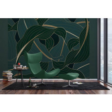 Ein Fototapet von luxuriösen tropischen Blättern in Gold in einem Dschungel in einem Wohnzimmer mit Vliesbehang und Airtex.