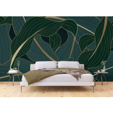 Ein Fototapet von luxuriösen tropischen Blättern in Gold in einem Dschungel in einem Schlafzimmer mit Vliesbehang.