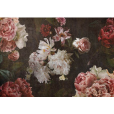 Luxuriöse Vintage-Fototapete mit Pfingstrosen und anderen Blumen in sanften Pastellfarben, die ein klassisches und elegantes Aussehen verleiht.