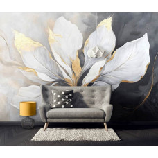 Fotobehang met luxe witte bloemen en gouden accenten in een stijlvolle woonkamer.