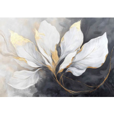 Fotobehang met luxe witte bloemen en gouden accenten op een donkere achtergrond.