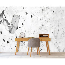 Fotobehang met luxe marmerpatroon in wit en grijs in een strak ingericht kantoor.