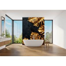 Fototapete mit goldenen Blättern und dunkler Struktur im Badezimmer.
