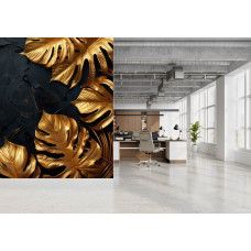 Fototapete mit goldenen Blättern auf dunkler Textur im Büro.