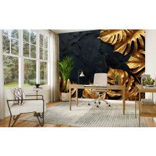 Fototapete mit luxuriösem Blattmotiv und dunkler Struktur im Büro.