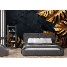 Fototapete mit luxuriösen goldenen Blättern auf dunkler Textur im Schlafzimmer.