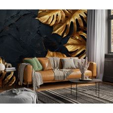 Fototapete mit luxuriösen goldenen Blättern auf dunkler Textur im Wohnzimmer.
