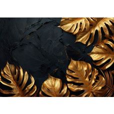 Fototapete Luxuriöse Goldene Blätter auf Dunkler Textur mit metallischem Glanz und strukturierter Oberfläche.