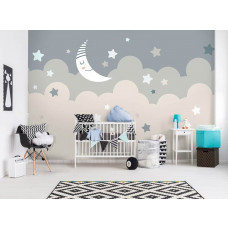 Fototapete mit Mond und Sternen in einem zauberhaften Design, geeignet für ein Babyzimmer.