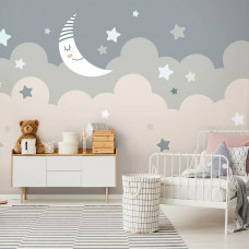 Fototapete mit Mond und Sternen in einem zauberhaften Design, geeignet für ein Babyzimmer.