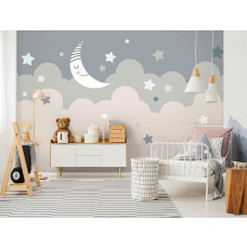 Fototapete mit Mond und Sternen in einem beruhigenden Design, perfekt für ein Kinderzimmer.