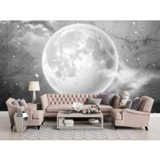 Eine Fototapete mit dem Mond auf einer Betonwand im Industriestil, gesehen im Wohnzimmer.