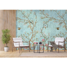 Ein Fototapet von einem magischen Garten mit Vögeln und Blumen in einem Büro mit Airtex.