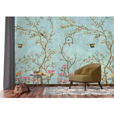 Ein Fototapet von einem magischen Garten mit Vögeln und Blumen in einem Wohnzimmer mit Airtex.