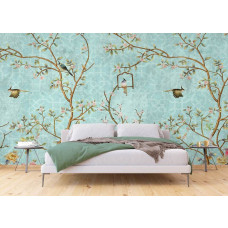 Ein Fototapet von einem magischen Garten mit Vögeln und Blumen in einem Schlafzimmer mit Vliesbehang.