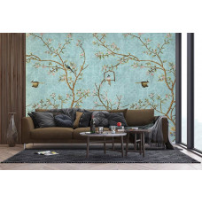 Ein Fototapet von einem magischen Garten mit Vögeln und Blumen in einem Wohnzimmer mit Vliesbehang.