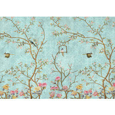 Ein Fototapet von einem magischen Garten mit Vögeln und Blumen.