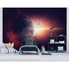 Eine Fototapete mit dem Planeten Erde in einem magischen Weltraumdesign, speziell für ein Kinderzimmer.