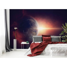 Eine Fototapete mit einem magischen Blick auf die Erde in einem Sternenhimmel, perfekt für ein Schlafzimmer.