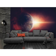 Eine Fototapete mit Erde und einer kosmischen Sternenlandschaft, ideal für ein Wohnzimmer.