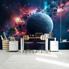 Eine Fototapete der magischen Galaxy mit Sternen, Planeten und dem Universum in einem Gaming-Zimmer.