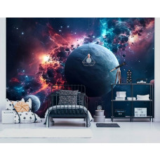 Eine Fototapete der magischen Galaxy mit Sternen, Planeten und dem Universum in einem Kinderzimmer.