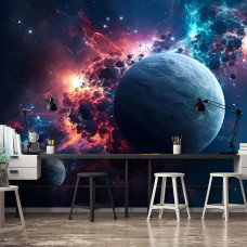 Eine Fototapete der magischen Galaxy mit Sternen, Planeten und dem Universum in einem Gaming-Zimmer auf Vliestapete.