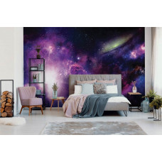Eine Fototapete mit einer magischen Galaxie voller Sterne in einem kosmischen Design, perfekt für ein Schlafzimmer.