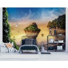 Eine magische Fototapete eines Märchenwaldes mit einer Insel und Wolken, die im Kinderzimmer zu sehen ist.