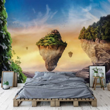 Eine magische Fototapete eines Märchenwaldes mit einer Insel und Wolken, die im Schlafzimmer zu sehen ist.