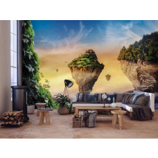 Eine magische Fototapete eines Märchenwaldes mit einer Insel und Wolken, die im Wohnzimmer zu sehen ist.