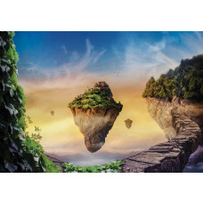 Fototapete einer magischen Insel mit Märchenwald, Wolken und Waldlandschaft.