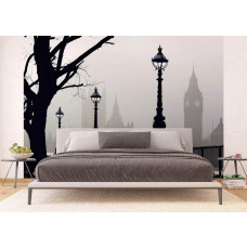 Eine Fototapete des magischen London mit Big Ben in einem Schlafzimmer.